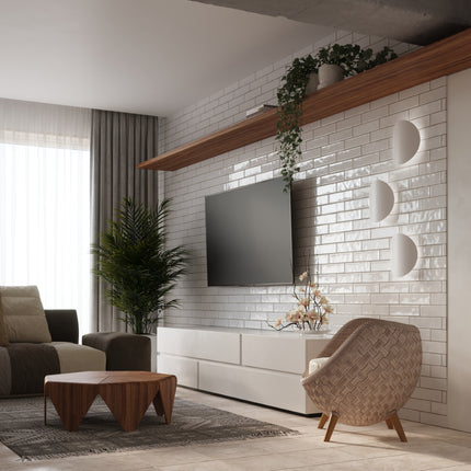 Appliques murales Ombre Douce blanches au-dessus d'un meuble TV dans un salon lumineux