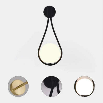 Applique murale goutte noire à globe de verre opale avec zooms sur les détails de fabrication