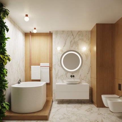 Salle de bain marbre et bois éclairée par les appliques et plafonniers Halo moka