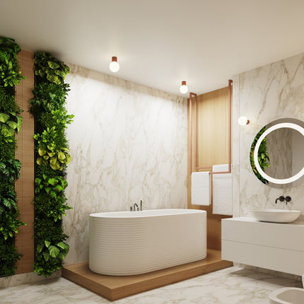 Salle de bain végétalisée éclairée par les luminaires Halo moka de la gamme IP44