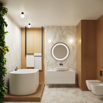 Salle de bain marbre et bois éclairée par les appliques et plafonniers Halo noire