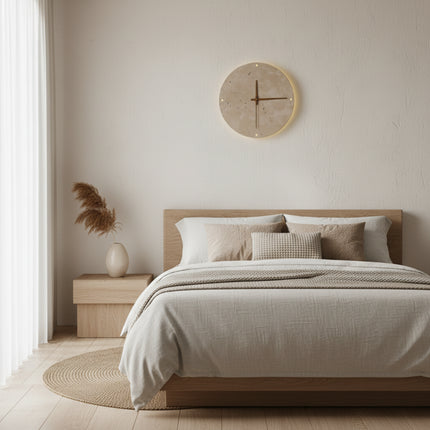 Applique horloge en pierre naturelle au-dessus d'un lit en bois clair dans une chambre épurée