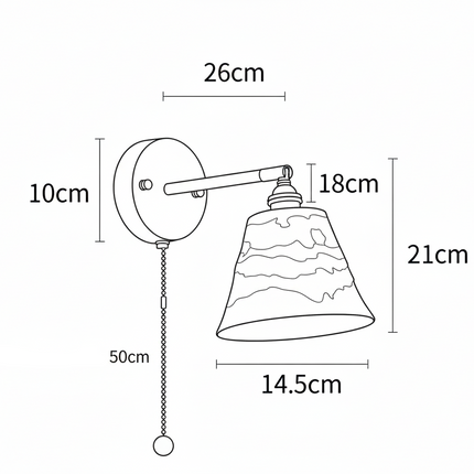 Schéma coté de l'applique murale en laiton et céramique avec dimensions en centimètres