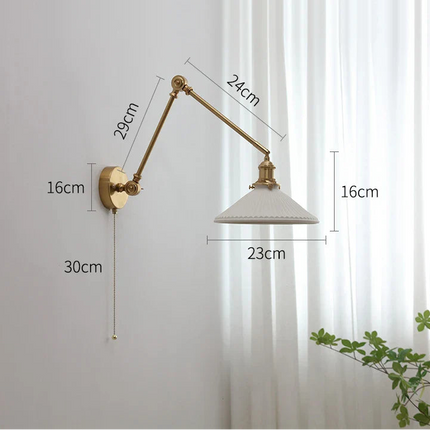 Schéma des dimensions de l'applique murale en laiton avec abat-jour céramique et bras orientable