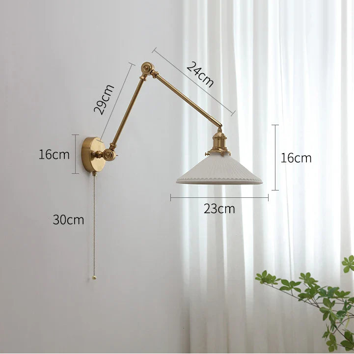 Dimensions Applique murale vintage en laiton à bras orientable et abat-jour céramique