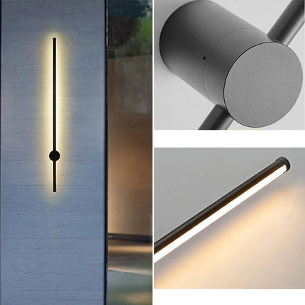 Détail de l'embase cylindrique en aluminium noir et de la tige LED de l'applique extérieure