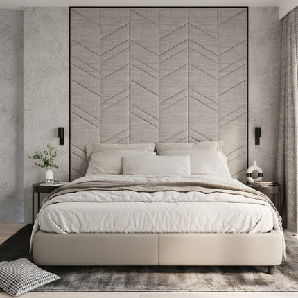 Applique noire installée de part et d'autre d'une tête de lit capitonnée dans une chambre japandi