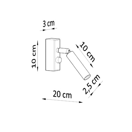 Schema des dimensions de l'applique liseuse acier blanc, base 10 x 3 cm et projection 20 cm