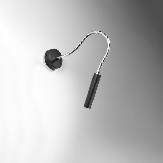 Applique liseuse murale flexible en acier noir, col de cygne chrome et tete orientable