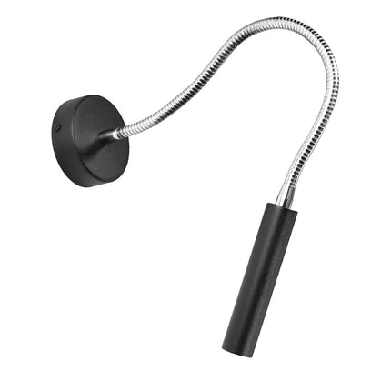 Applique liseuse murale acier noir de profil, bras flexible chrome et platine ronde