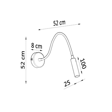 Schema des dimensions de l'applique liseuse acier noir, portee 52 cm et profondeur 8 cm