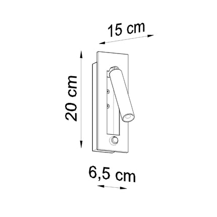 Schéma des dimensions de l'applique liseuse noire, hauteur 20 cm largeur 6,5 cm saillie 15 cm