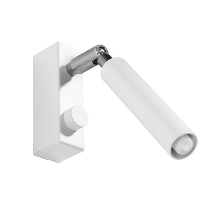 Detail de l'applique liseuse acier blanc, bouton-poussoir sur la base et tete cylindrique orientable