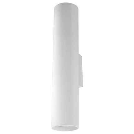 Applique Long Cylindre blanche en acier présentée seule sur fond neutre