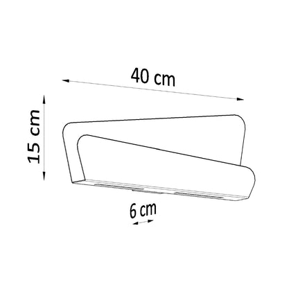 Schéma de cotes de l'applique murale acier blanc, 40 cm de long, 15 cm de haut, 6 cm de profondeur