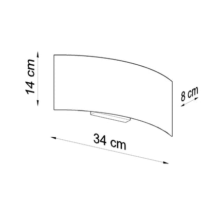 Schema de cotes de l'applique Arc : 34 cm de large, 14 cm de haut, 8 cm de profondeur