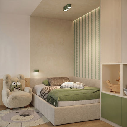 Applique murale Aura vert olive, au-dessus d'un plan de travail