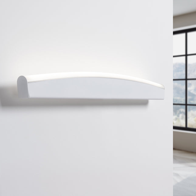 Applique murale barre courbée blanche allumée, halo de lumière neutre vers le haut