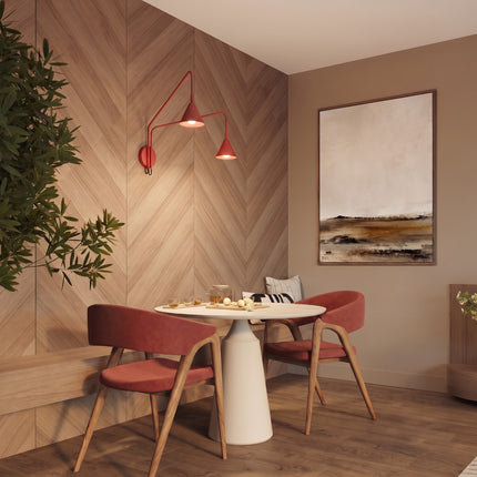 Applique murale Bergen double cône à bras opposés rouge vif au-dessus d'une table