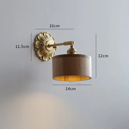 Schéma de cotes de l applique murale en bois clair, rosace 11,5 cm, projection 16 cm, abat-jour 14 cm
