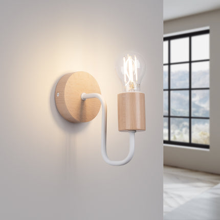 applique murale bois et métal à douille apparente blanc et bois naturel, lumière allumée