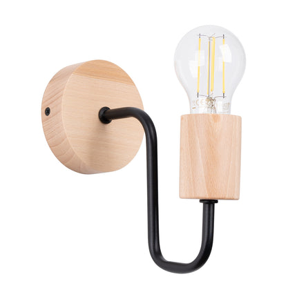 applique murale bois et métal à douille apparente noir et bois naturel, packshot sur fond blanc