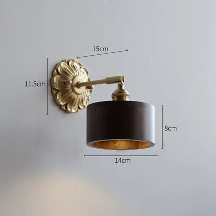 Schéma de cotes de l applique murale en bois foncé, rosace 11,5 cm, projection 15 cm, abat-jour 14 cm