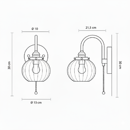 Schéma coté de l'applique murale : support Ø 10 cm, globe Ø 13 cm, profondeur 21,5 cm, hauteur