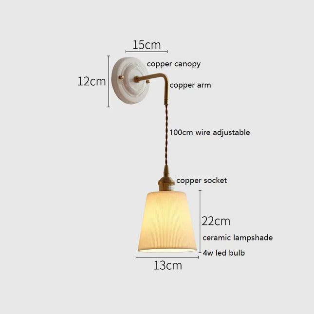 Schéma de cotes de l'applique murale en céramique et cuivre: abat-jour 22 cm, diamètre 13 cm, câble réglable