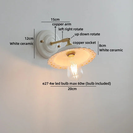 Schéma des dimensions de l'applique murale en céramique et cuivre: abat-jour 20 cm, platine 12 cm, bras 15 cm, culot E27
