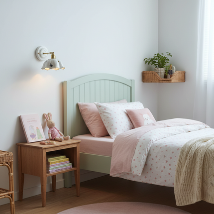 Applique murale céramique à papillons allumée dans une chambre douce au-dessus d'un chevet en bois
