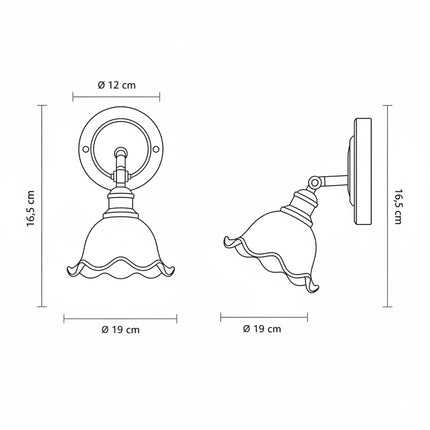 Schéma des dimensions de l applique murale en céramique : canopée Ø 12 cm, abat-jour Ø 19 cm, projection 16,5 cm