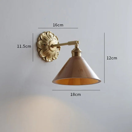 Schéma de cotes de l applique en bois clair : socle 11,5 cm, bras et hauteur du cône