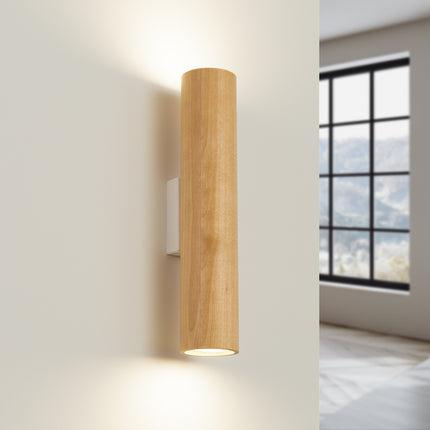 applique murale cylindre en bois éclairage haut et bas, lumière allumée