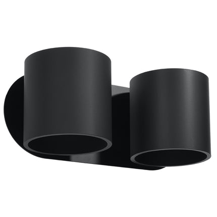 Applique murale cylindrique double en aluminium noir, vue de trois quarts sur ses deux tubes décalés.