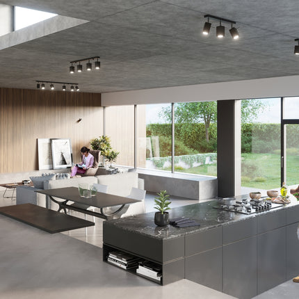 Détail du spot carré orientable et du culot GU10 de l'applique noire