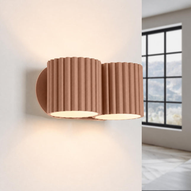Applique Murale Double Aura Aluminium Cannelé Moka, lumière allumée