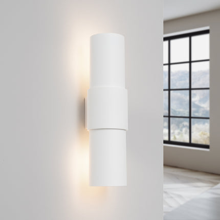 applique murale double cylindre éclairage haut et bas blanc, lumière allumée