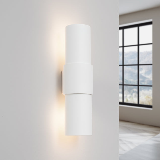 applique murale double cylindre éclairage haut et bas blanc, lumière allumée