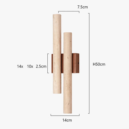 Schéma de cotes de l'applique double en travertin, hauteur 50 cm, largeur 14 cm, saillie 7,5 cm