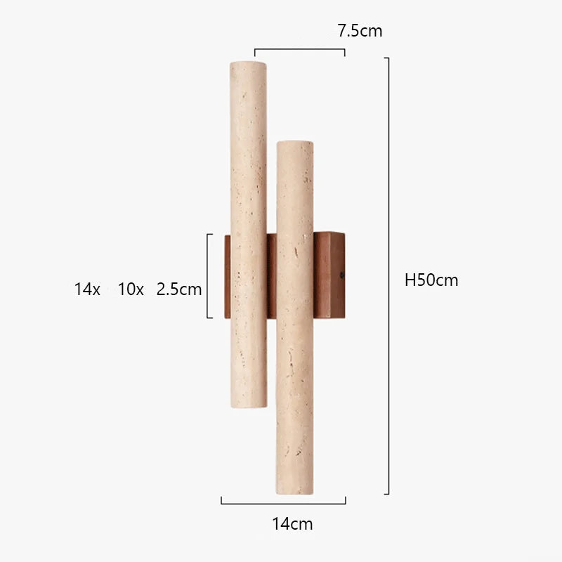 Dimensions Double Wall Sconce in Travertine and Wood, Vertical Tubes