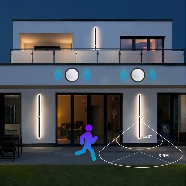 Applique murale extérieure LED à détecteur de mouvement éclairant la façade d'une maison la nuit