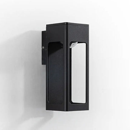 Vue de profil de l'applique murale extérieure noire en aluminium, corps rectangulaire ajouré