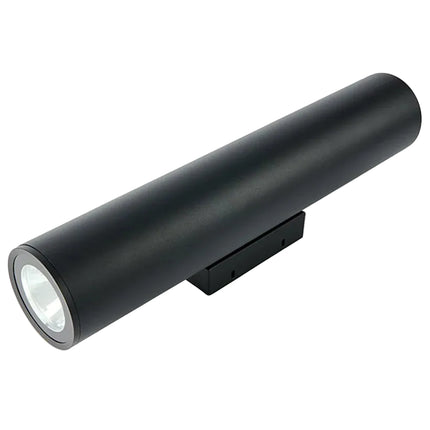 Applique murale extérieure tube LED en aluminium noir, vue du cylindre et de la lentille