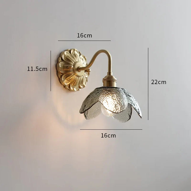 Schéma des dimensions de l'applique murale fleur : abat-jour 16 cm, hauteur 22 cm, platine 11,5 cm