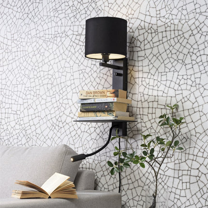 Applique murale florence noire avec étagère et lampe de lecture, vue packshot sur fond neutre