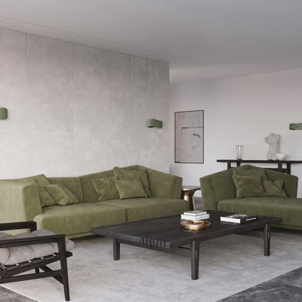 Applique murale Flux Lumineux 30 en acier vert olive au-dessus d'une table à manger