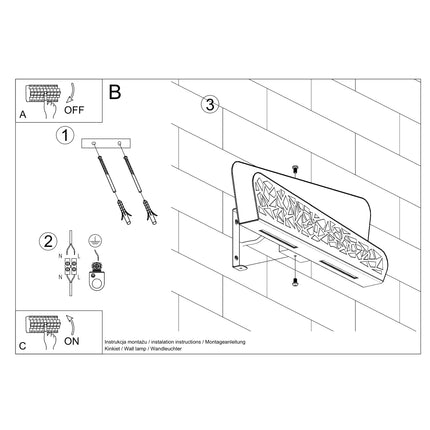 Schéma d'installation murale de l'applique géométrique blanche avec étapes de fixation et raccordement