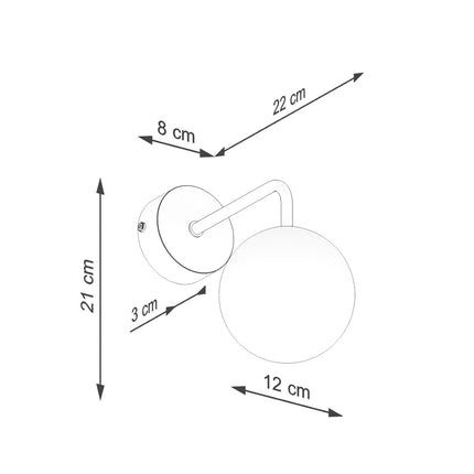 applique murale globe opale à bras coudé blanc, schéma de cotes
