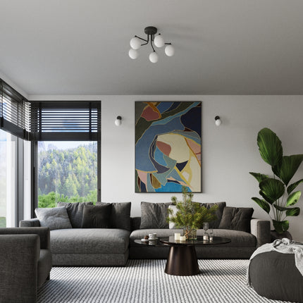 applique murale globe opale à bras coudé noir, vue d'ambiance
